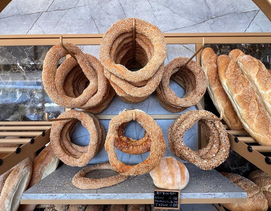Traditional Greek koulouri sesame bread rings, Kissamos Crete