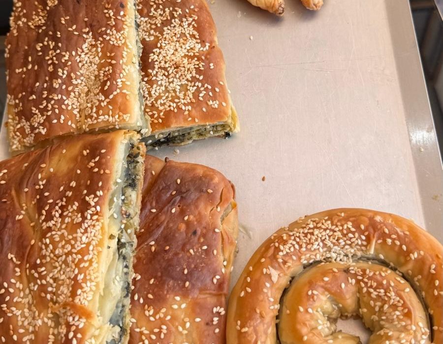Spanakopita spinach and feta pie, traditional Greek pastry, Bakery Kissamos
