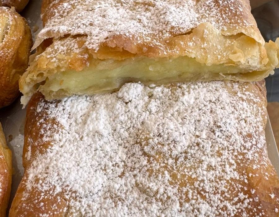 Bougatsa Glykia custard cream pastry with powdered sugar, Bakery Kissamos